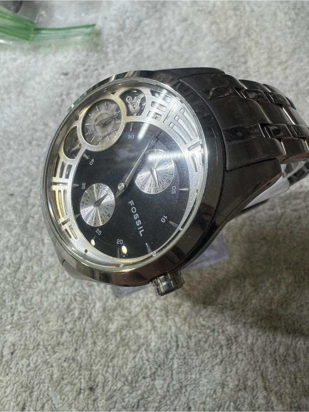 Fossil Men's Silver-Tone Watch with Black Dial and Subdials